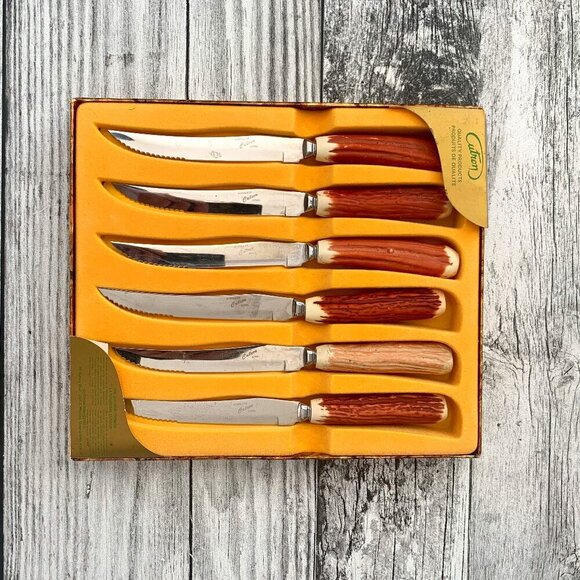 Vintage Cutron Stainless Steel Steak Knives Faux Antler Brown Set of Six in Box - Picture 1 of 7